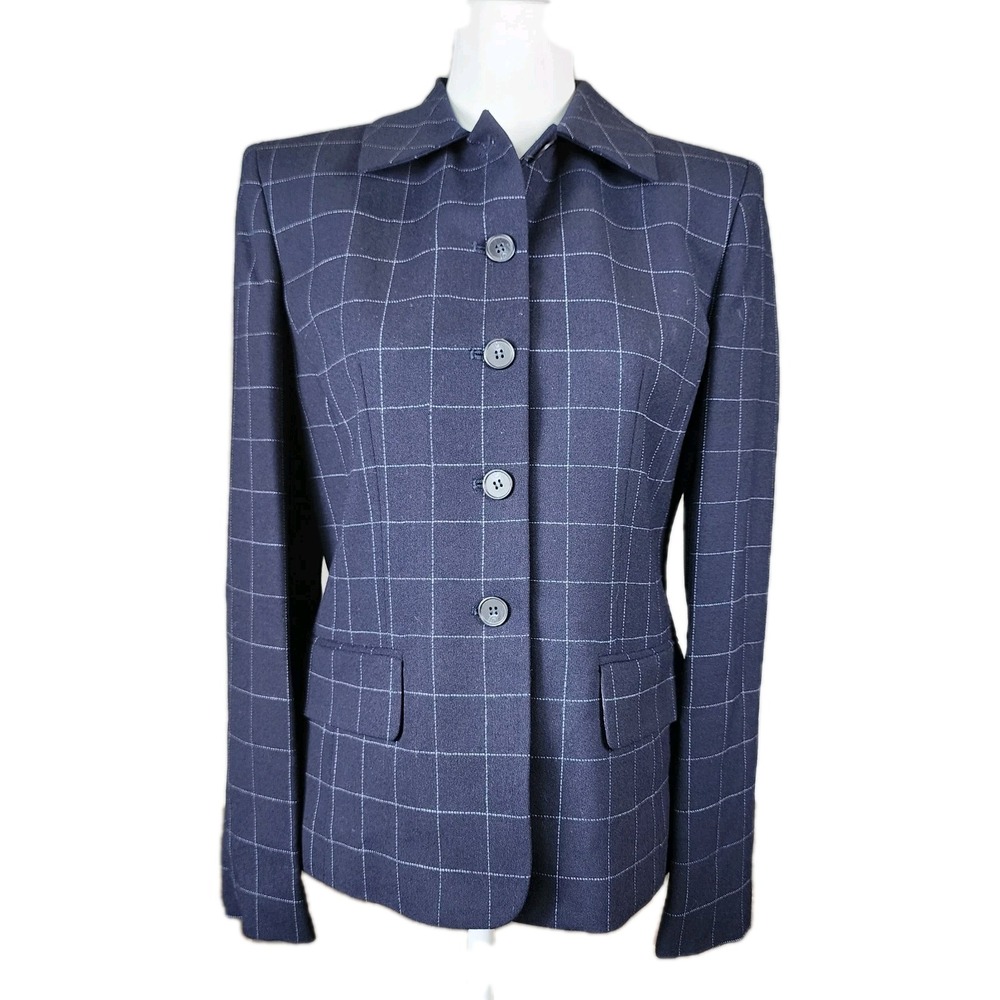 Jones New York Wool Jacket Blazer Womens 4 Navy Windowpane VTG 90s Career NEW